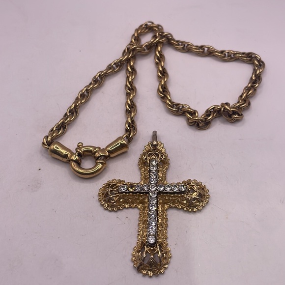Vintage XL sping ring necklace 14 “ added Large Cross crystal encrusted Cross - Picture 4 of 9